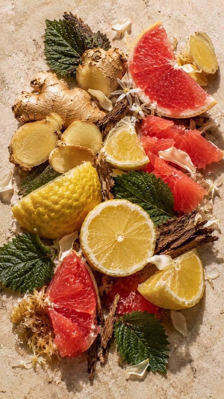 Grapefruit, lemon, ginger, green leaves, and pale petals on stone